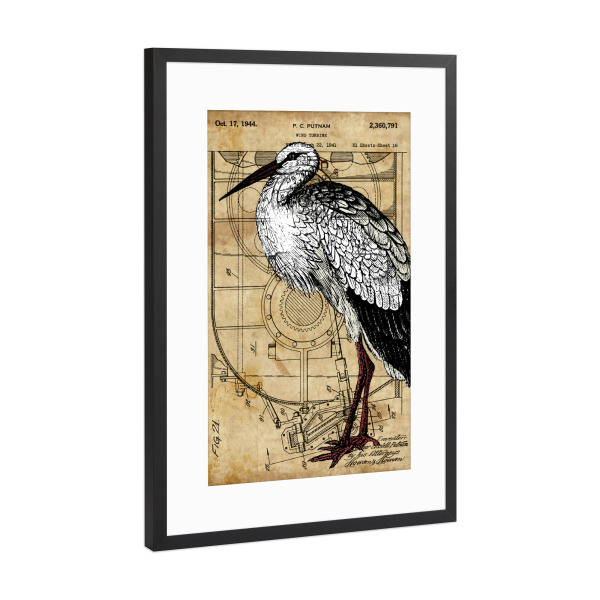 Poster mit Rahmen Schwarz (Metallic) "Steampunk Storch" artboxONE - Tiere - Storch,Vogel,Tier,Steampunk,Antik,Entwurf