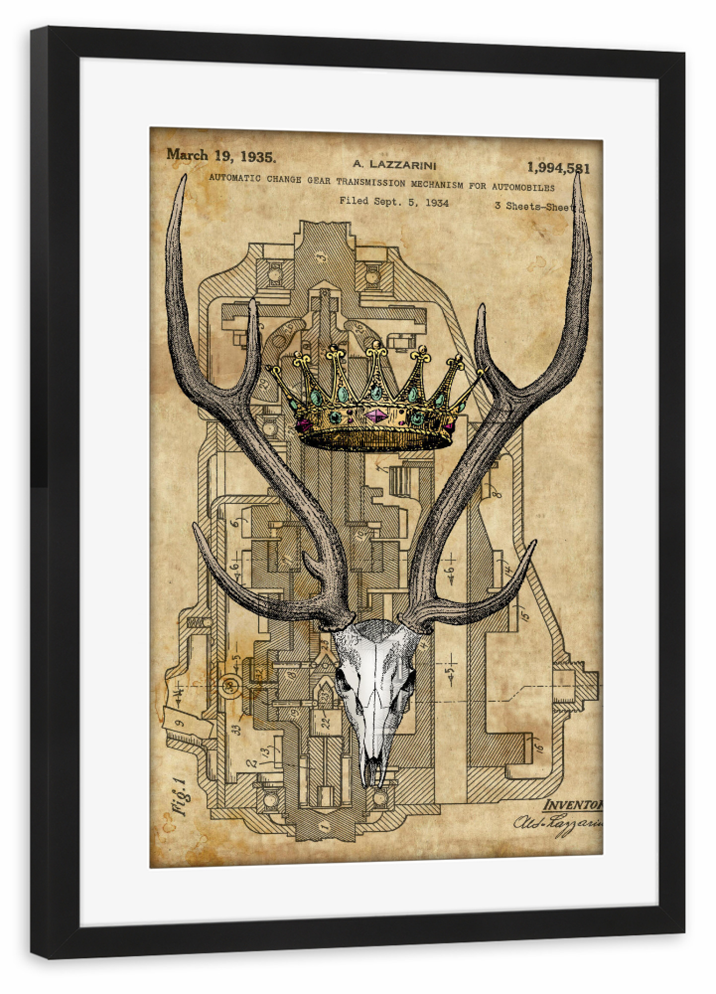 Poster mit Rahmen schwarz "Hirschschädel und eine Krone" artboxONE - Tiere - Hirschschädel,Rehschädel,Reh,Hirsch,Tier,Krone,Steampunk,Königlich