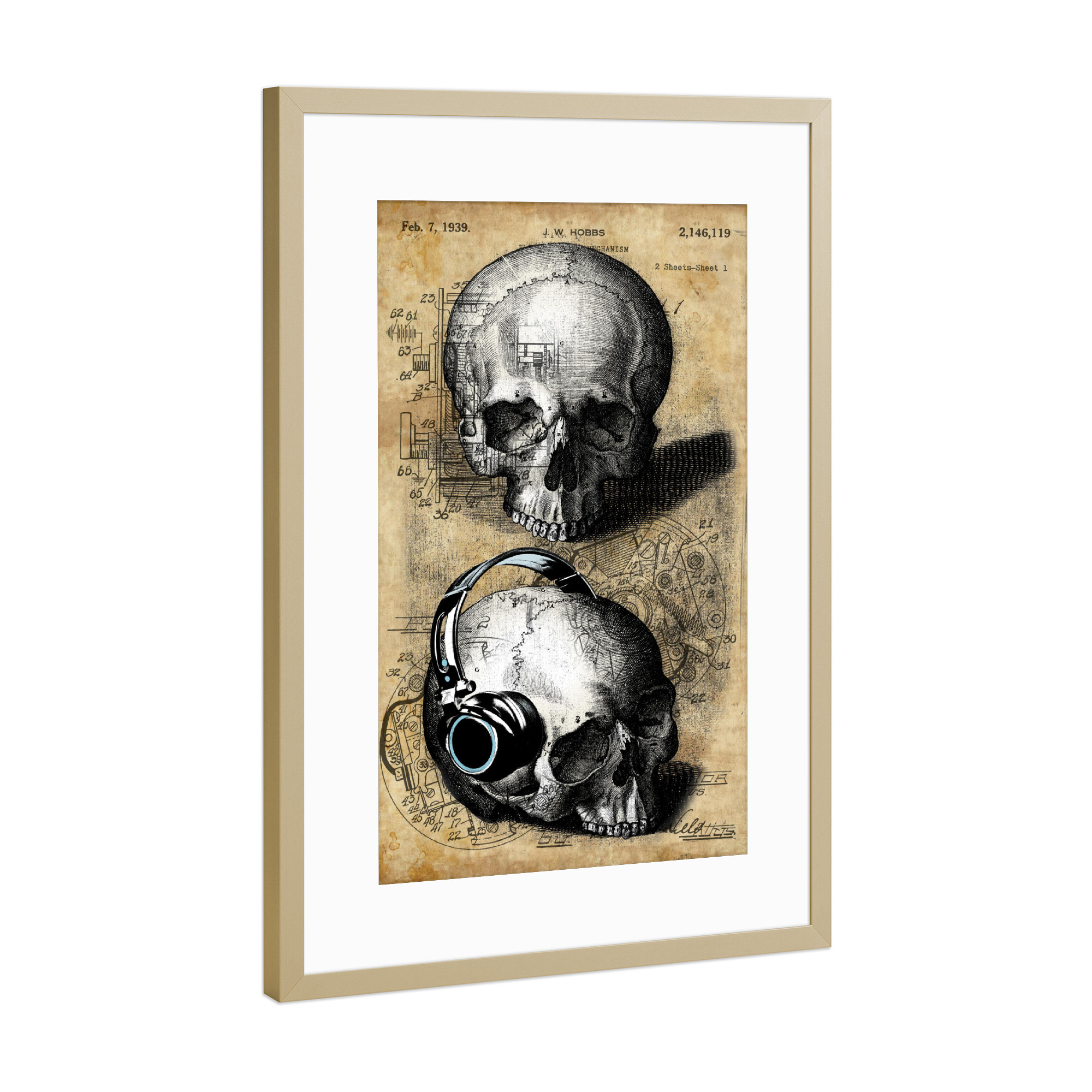 Poster mit Rahmen Gold "Steampunk Schädel" artboxONE - Streetart - Schädel,Steampunk,Anatomie,Menschliche anatomie,Gothic,Rock,Metal,Music