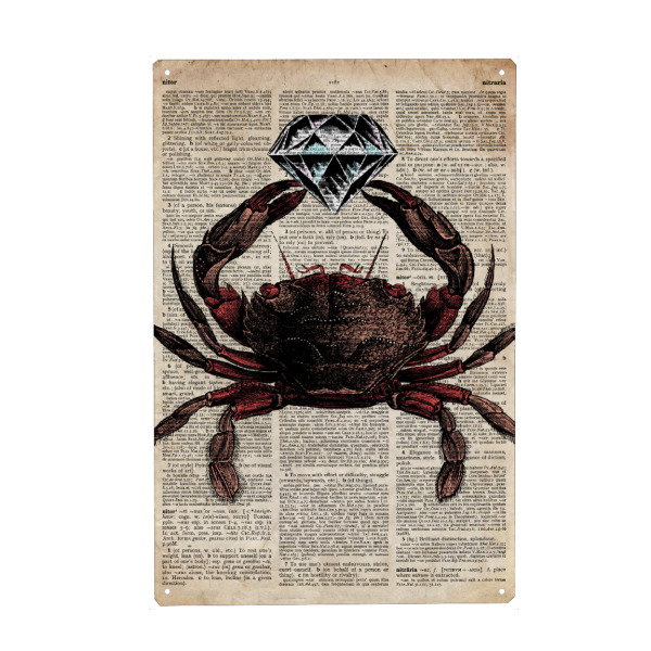 Holzbild "Krabbe - Wörterbuch" artboxONE - Tiere - Meer,Ozean,Wal,Nautisch,Antik,Wörterbuch,Krabbe