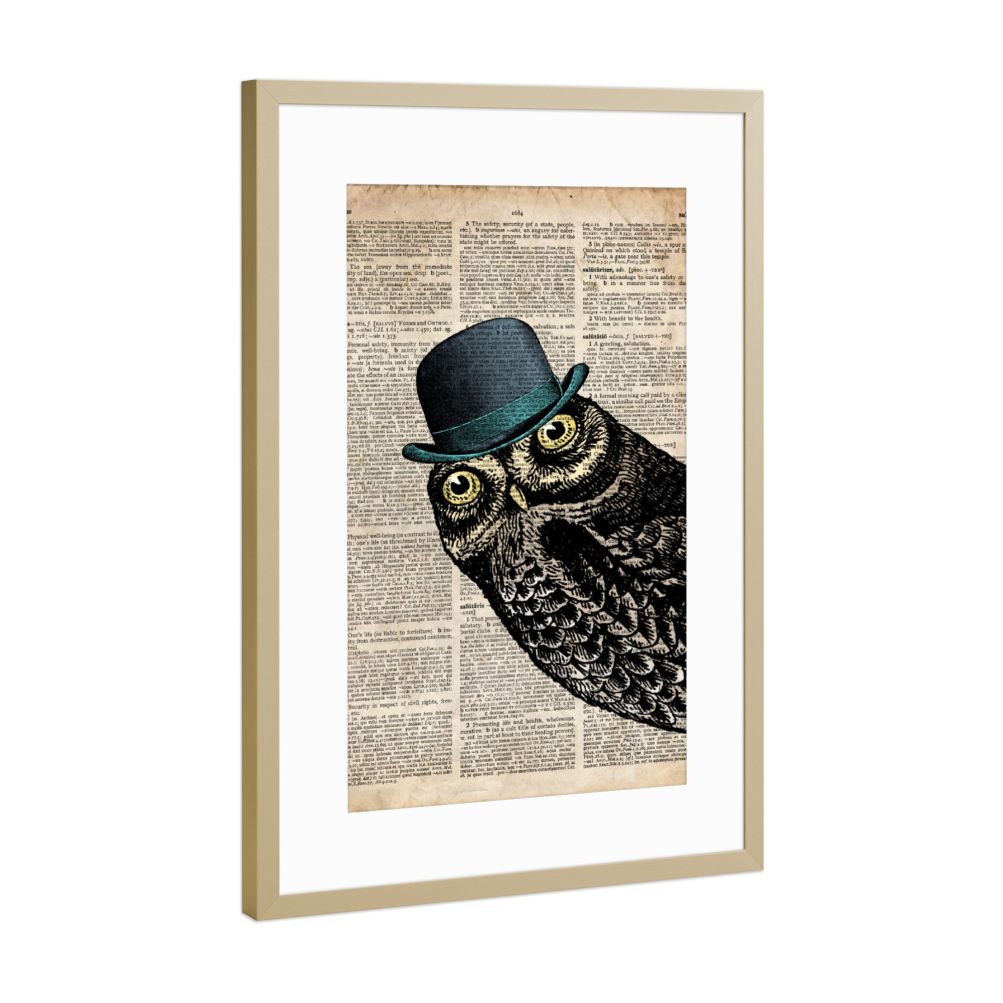 Poster mit Rahmen Gold "Herr Eule - Wörterbuch" artboxONE - Tiere - Eule,Vogel,Tier,Wörterbuch,Antik,Vintage,Herr,Gentleman,Eule in einem hut