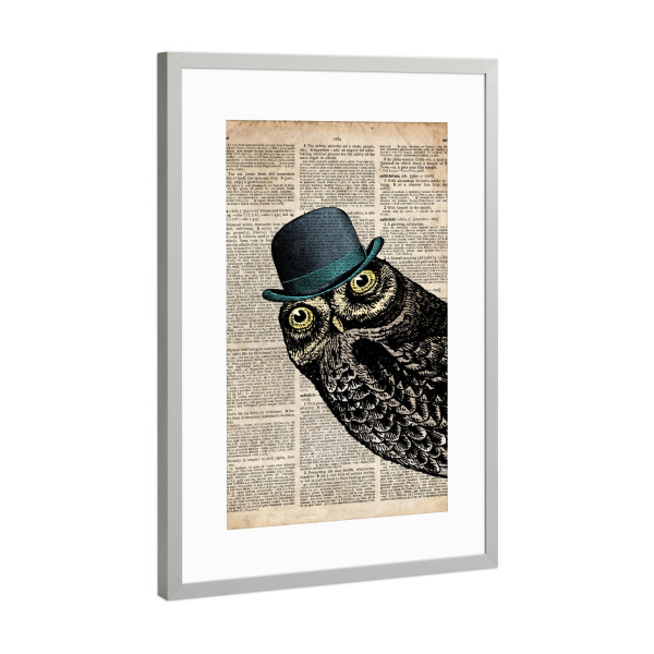 Poster mit Rahmen Silber "Herr Eule - Wörterbuch" artboxONE - Tiere - Eule,Vogel,Tier,Wörterbuch,Antik,Vintage,Herr,Gentleman,Eule in einem hut