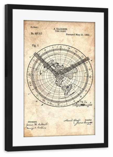 Poster mit Rahmen schwarz "Reise - Zeitzonenkarte (Antik)" artboxONE - Reise