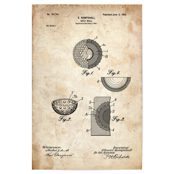Poster 30x20 cm "Golfball Entwurf (Antik)" artboxONE - Sport - Golfschläger,Patent,Golf,Vintage,Sport,Retro,Golfer