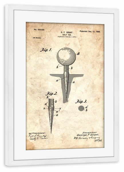 Poster mit Rahmen weiß "Golf patent (Antik)" artboxONE - Sport - Golfschläger,Patent,Golf,Vintage,Sport,Retro,Golfer