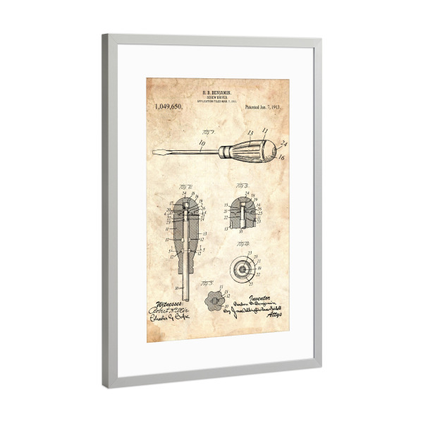 Poster mit Rahmen Silber "Schraubendreher Patent (Antik)" artboxONE - Für Papa