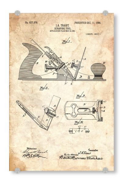 Acrylglasbild "Hobel Patent (Antik)" artboxONE - Für Papa - Zimmerei,Werkzeug,Patent,Retro,Entwurf,Technologie,Vater,Fachmann,Hobel