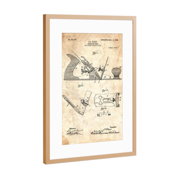Poster mit Rahmen Kupfer "Hobel Patent (Antik)" artboxONE - Für Papa - Zimmerei,Werkzeug,Patent,Retro,Entwurf,Technologie,Vater,Fachmann,Hobel