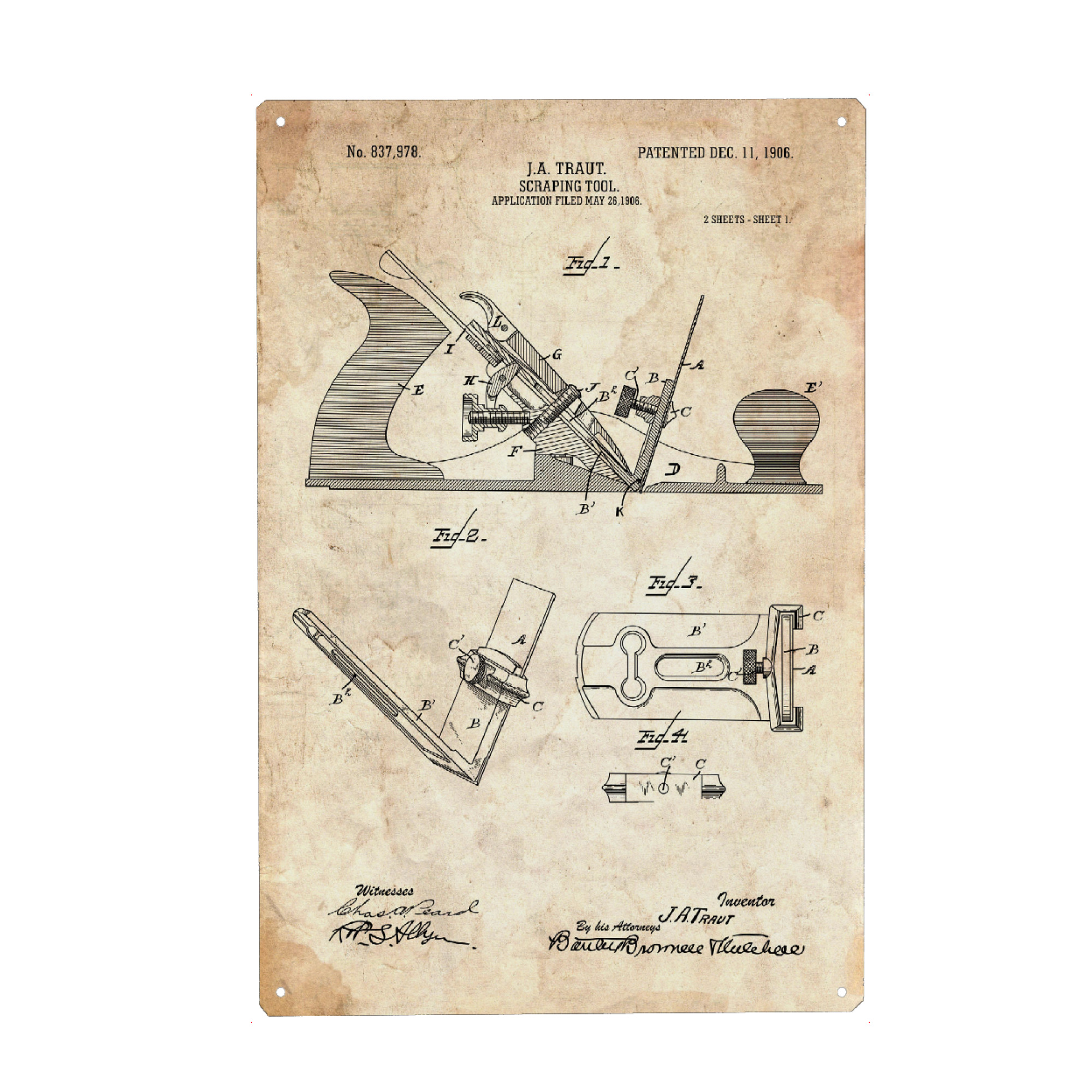 Metall Poster "Hobel Patent (Antik)" artboxONE - Für Papa - Zimmerei,Werkzeug,Patent,Retro,Entwurf,Technologie,Vater,Fachmann,Hobel - Blechschild