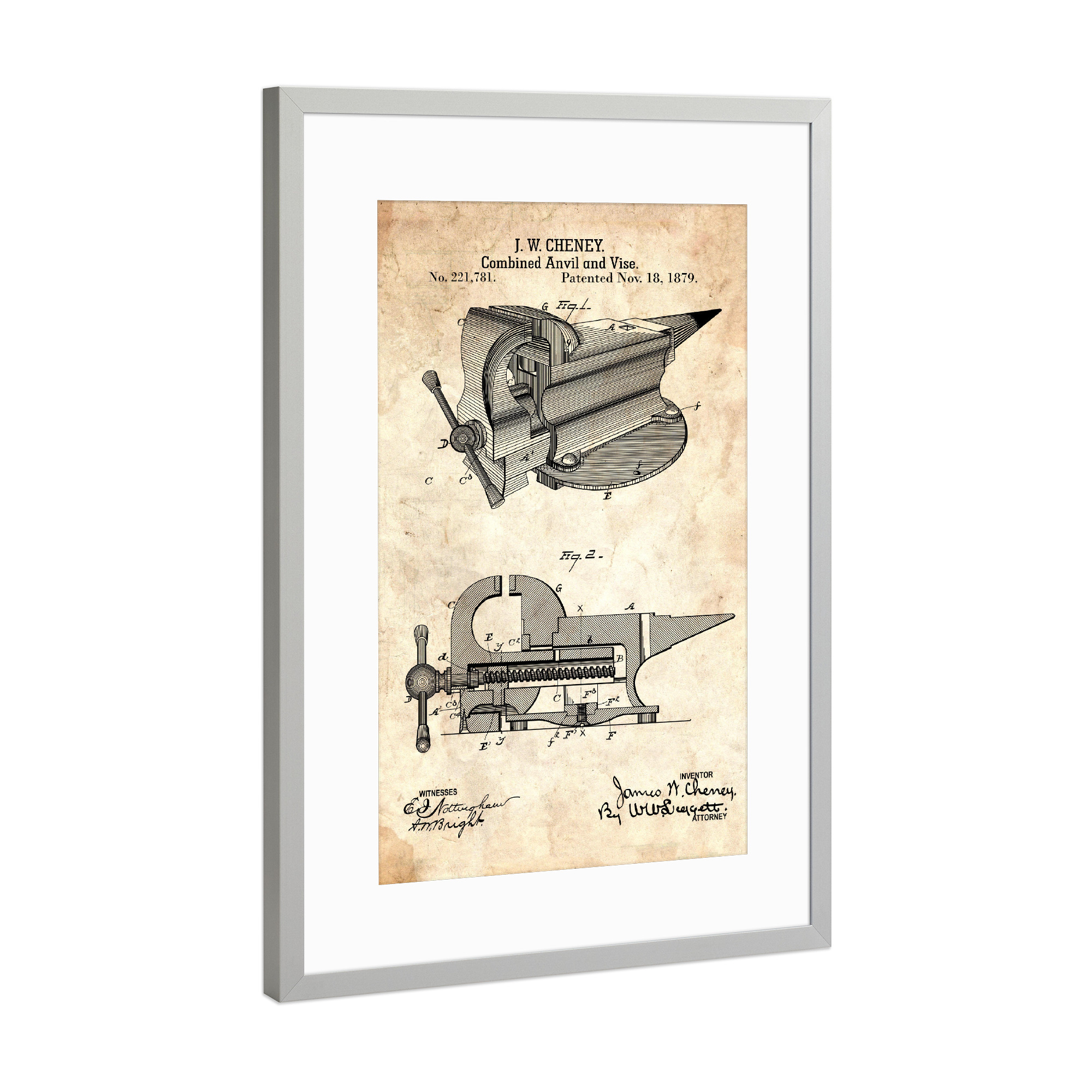 Poster mit Rahmen Silber "Schraubstock Patent (Antik)" artboxONE - Für Papa