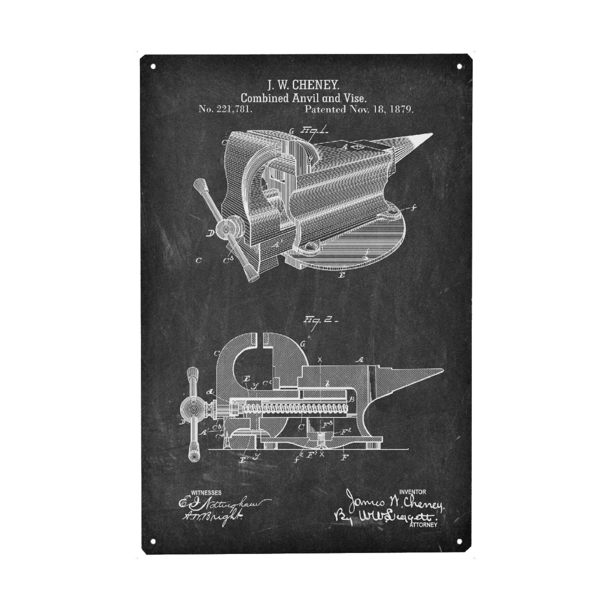 Metall Poster "Schraubstock Patent (Tafel)" artboxONE - Schwarzweiß,Für Papa