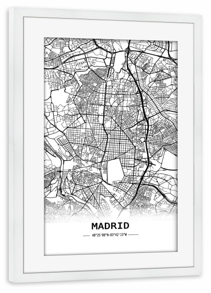 Poster mit Rahmen weiß "Madrid Retro Map" artboxONE - Städte,Schwarzweiß,Kartografie - Retro,Map,Madrid