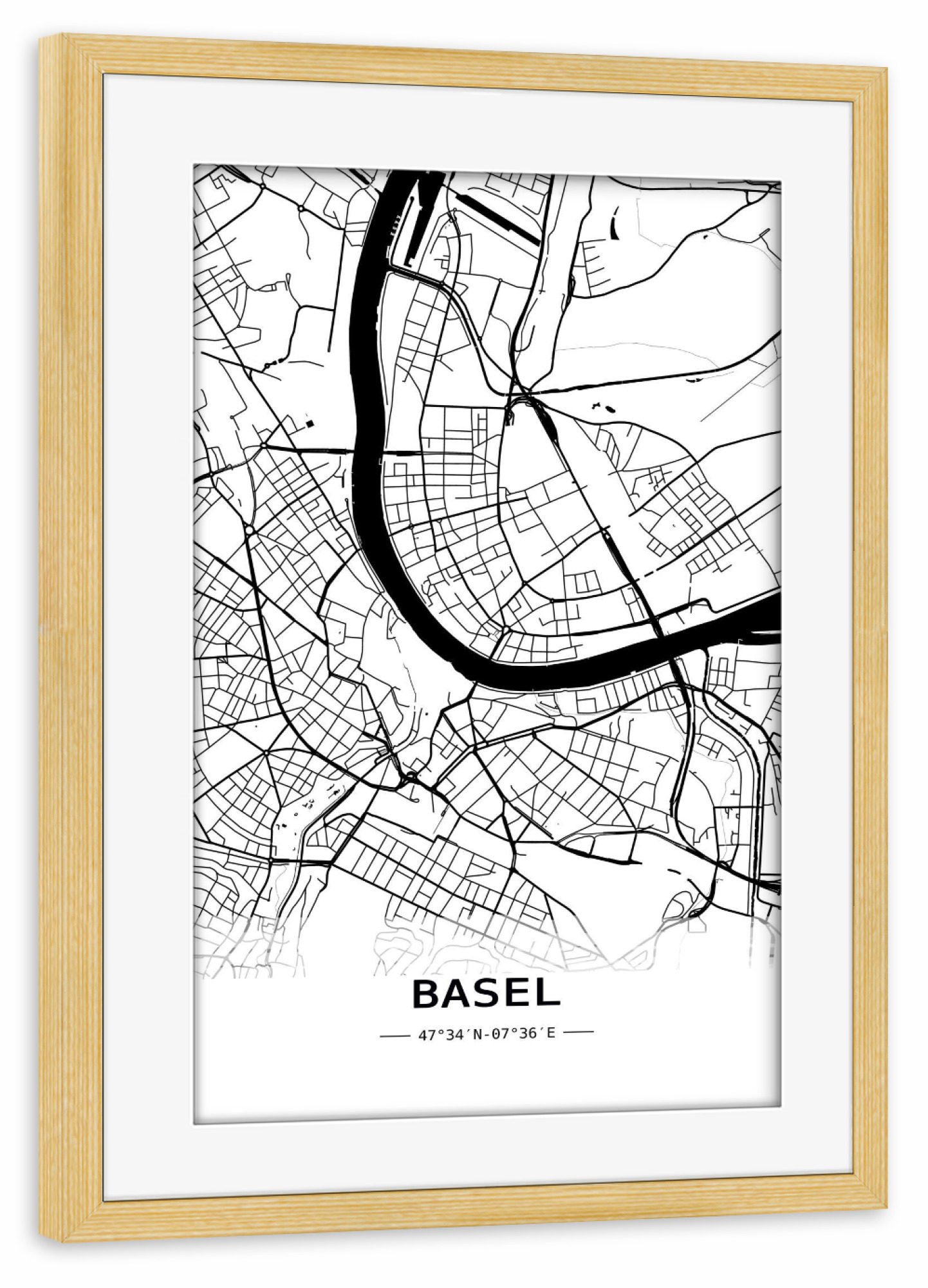 Poster mit Rahmen kiefer "Basel Retro Map" artboxONE - Schwarzweiß,Automobile,Kartografie - Retro,Map,Basel