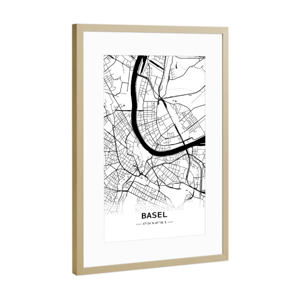 Poster mit Rahmen Gold "Basel Retro Map" artboxONE - Schwarzweiß,Automobile,Kartografie - Retro,Map,Basel