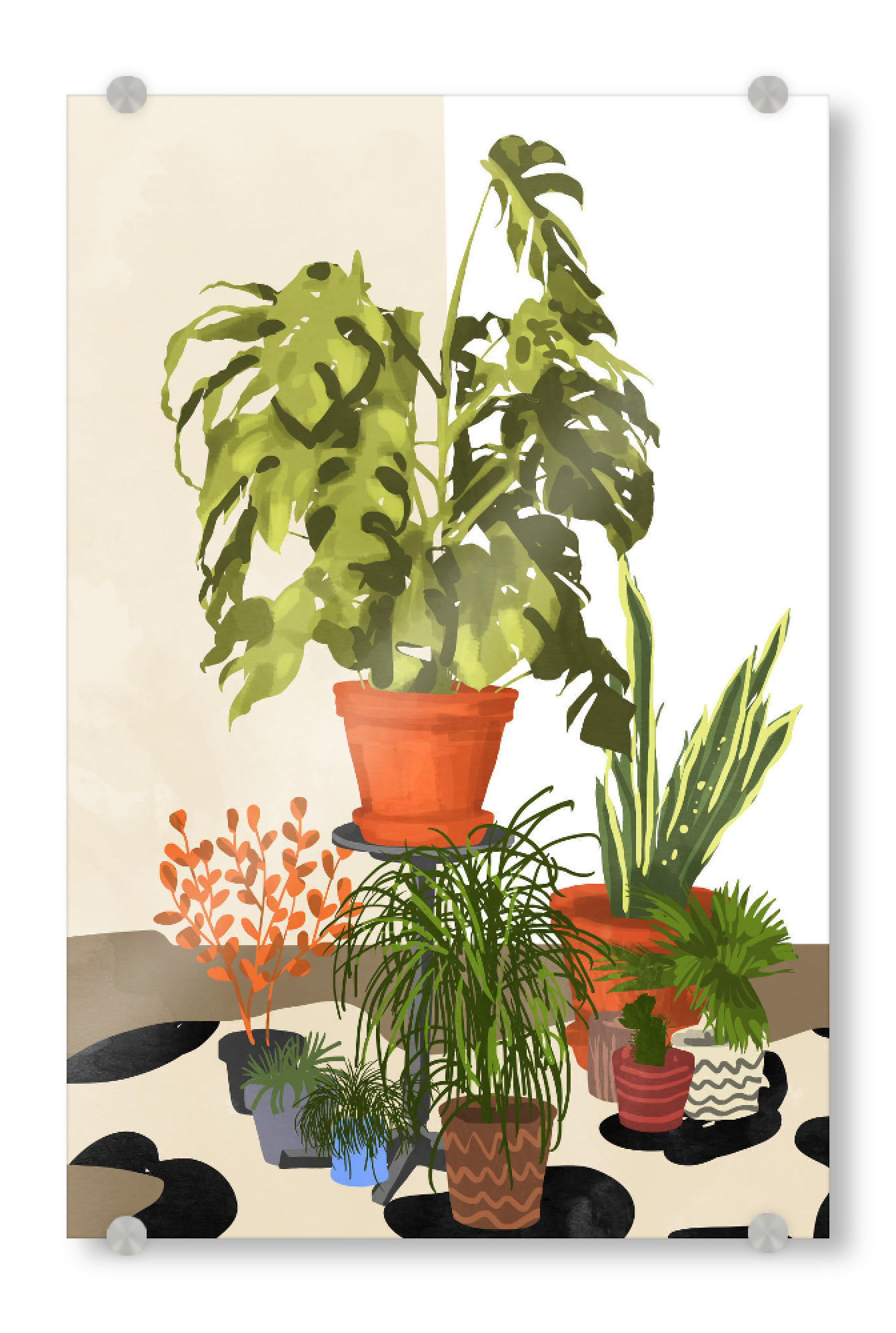 Acrylglasbild "Plant Pots" artboxONE - Natur - Watercolor,Nature,Plants,Botanical,Leaves,Monstera,Home,Carpet,Interior,Interior design,Decor