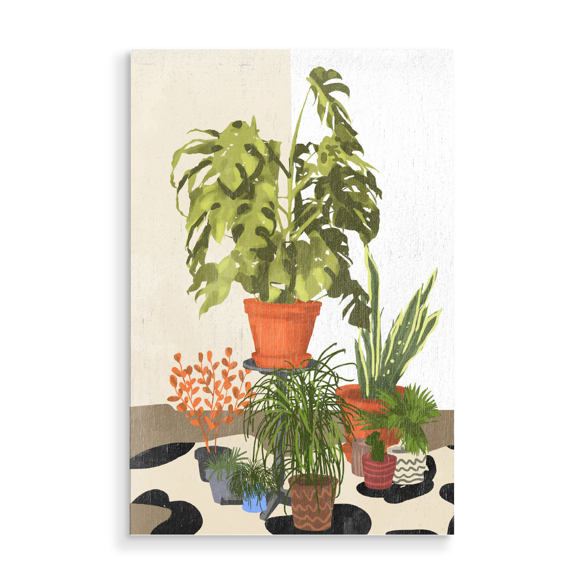 Holzbild "Plant Pots" artboxONE - Natur - Watercolor,Nature,Plants,Botanical,Leaves,Monstera,Home,Carpet,Interior,Interior design,Decor