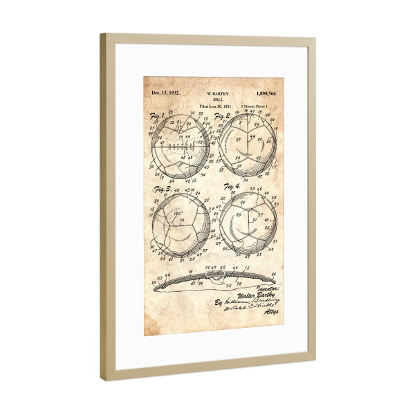 Poster mit Rahmen Gold "Fußball Blaupause (Antik)" artboxONE - Sport,Sport / Fußball - Patent,Vintage,Retro,Sport,Fußball,Football,Entwurf,Blaupause