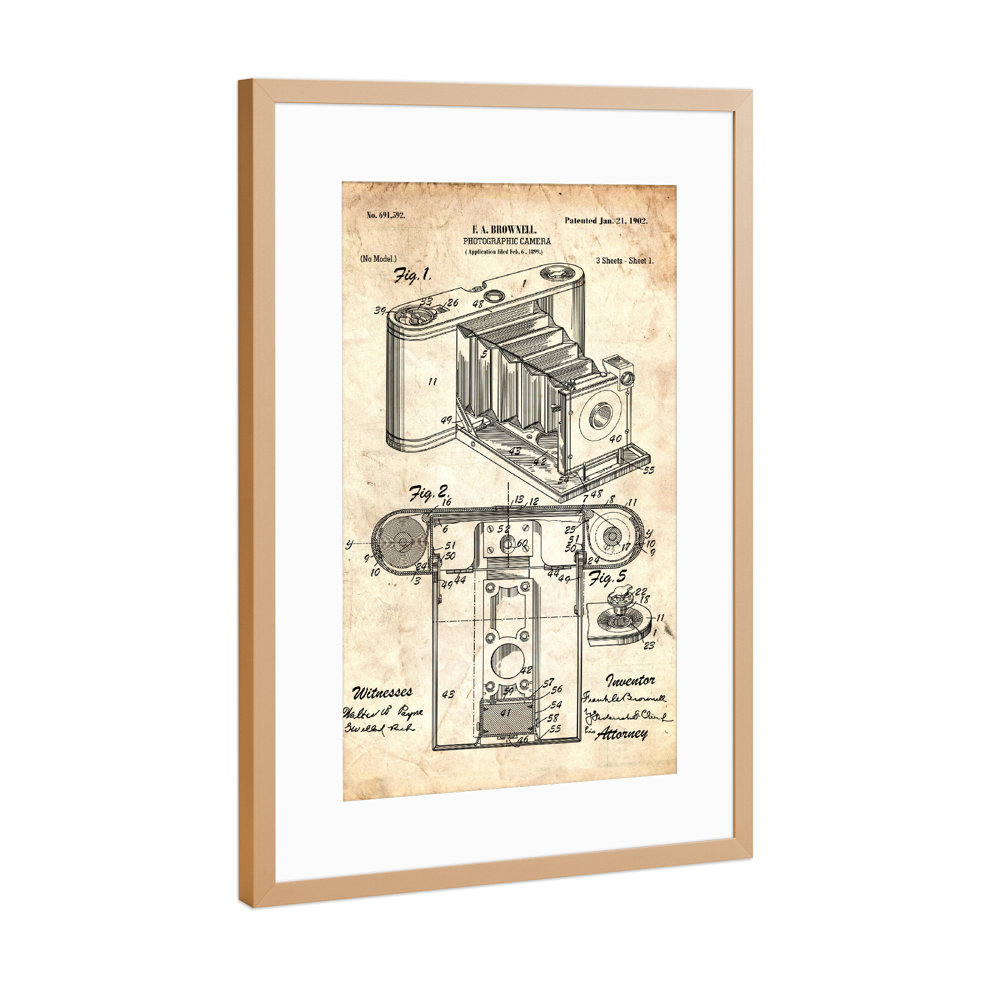 Poster mit Rahmen Kupfer "Retro Kamera Patent II (Antik)" artboxONE - Reise,Film,Streetart