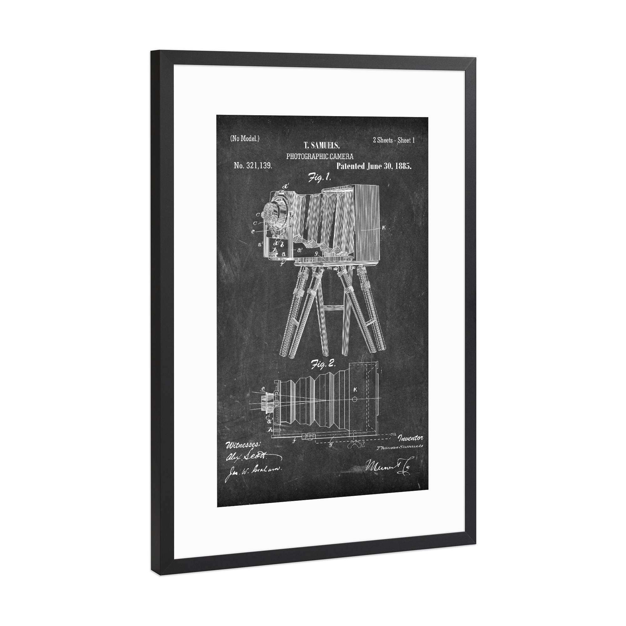 Poster mit Rahmen Schwarz (Metallic) "Antike Fotoapparat II (Tafel)" artboxONE - Reise,Film,Abstrakt,Schwarzweiß