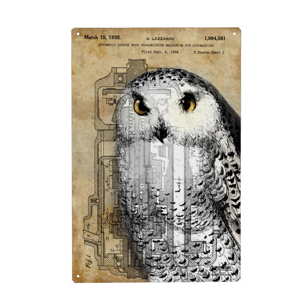 Metall Poster "Steampunk Schnee-Eule" artboxONE - Tiere - Schnee-eule,Eule,Vogel,Tier,Antik,Steampunk,Vintage,Wald,Tierwelt - Blechschild
