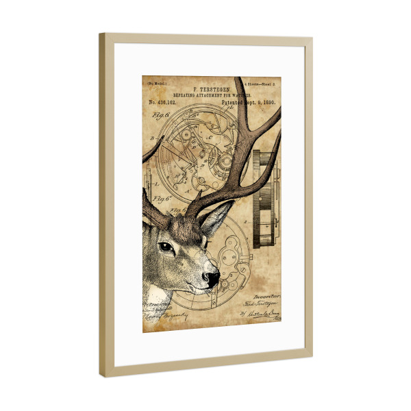 Poster mit Rahmen Gold "Hirsch - Steampunk" artboxONE - Tiere - Hirsch,Tier,Wald,Steampunk,Tierwelt,Natur,Vintage,Antik,Retro
