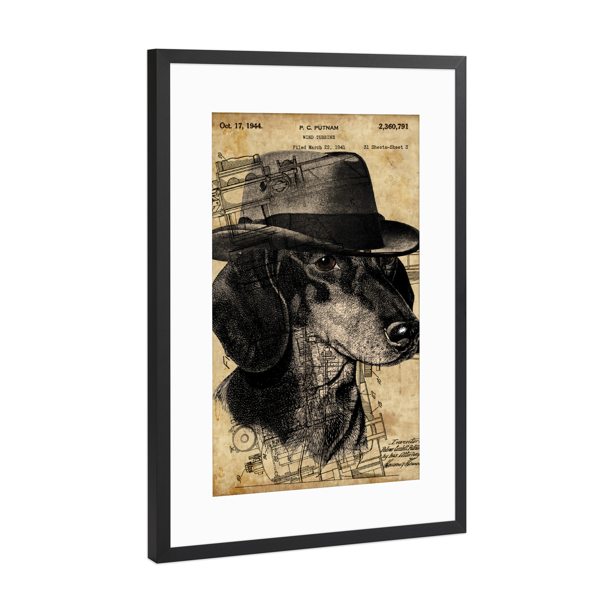 Poster mit Rahmen Schwarz (Metallic) "Dackel in einem Hut" artboxONE - Tiere - Hund,Hund im hut,Hut,Tier,Steampunk,Antik,Vintage,Dackel,Dachshund