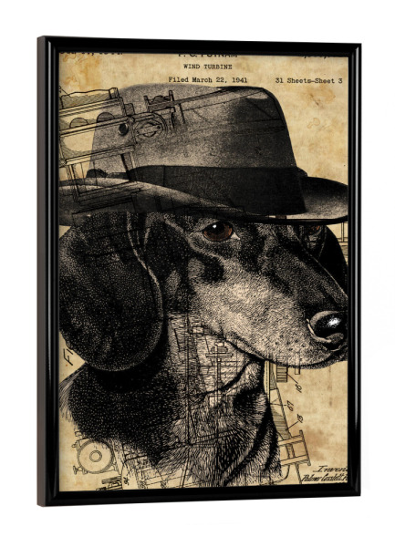 Poster mit schwarzem Rahmen "Dackel in einem Hut" artboxONE - Tiere - Hund,Hund im hut,Hut,Tier,Steampunk,Antik,Vintage,Dackel,Dachshund