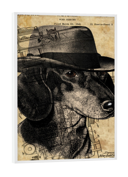 Poster mit weißem Rahmen "Dackel in einem Hut" artboxONE - Tiere - Hund,Hund im hut,Hut,Tier,Steampunk,Antik,Vintage,Dackel,Dachshund