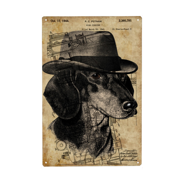 Holzbild "Dackel in einem Hut" artboxONE - Tiere - Hund,Hund im hut,Hut,Tier,Steampunk,Antik,Vintage,Dackel,Dachshund