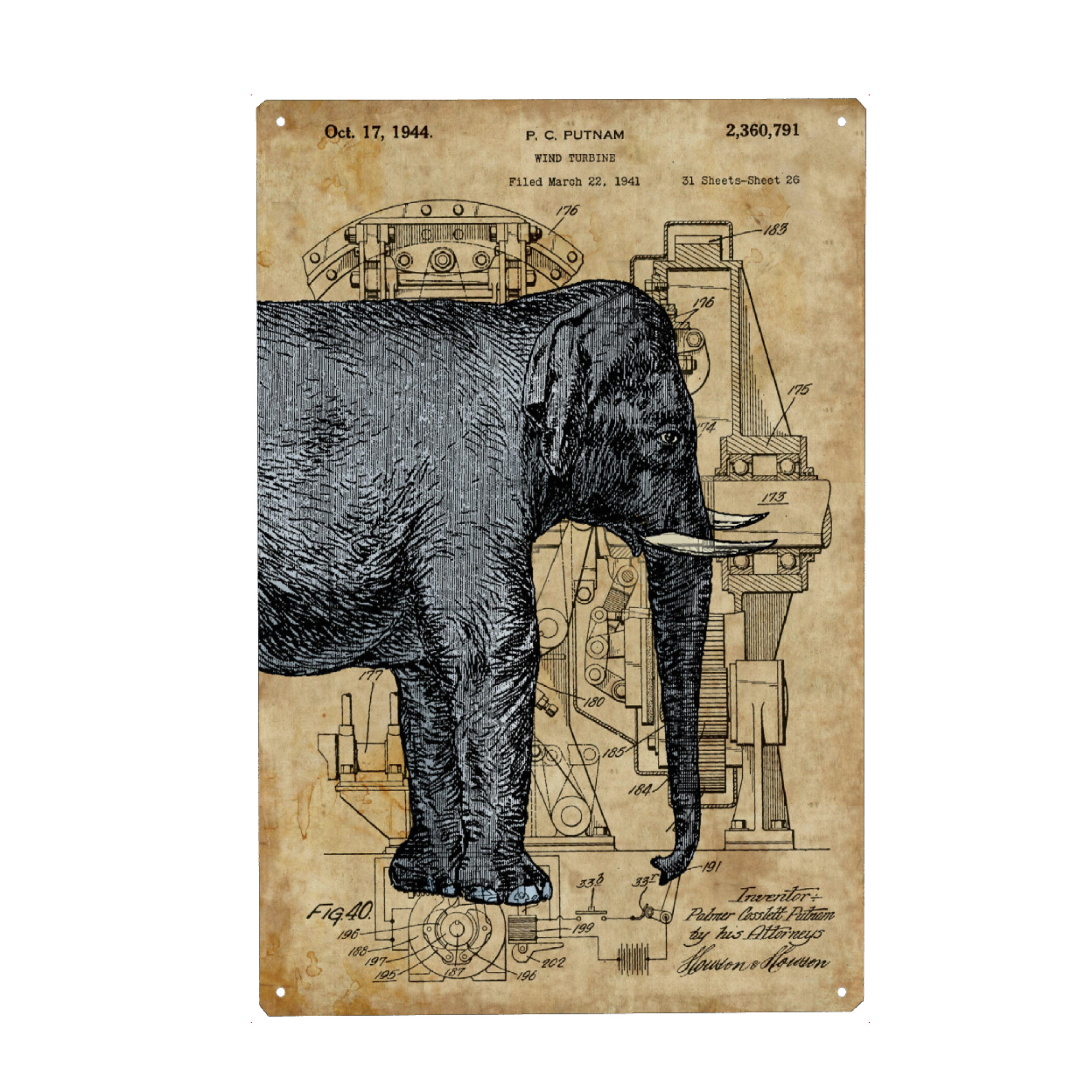 Holzbild "Steampunk Elefant" artboxONE - Tiere,Reise / Afrika,Reise / Asien - Elefant,Natur,Tier,Steampunk,Vintage,Reise,Zoologie,Entwurf,Antik