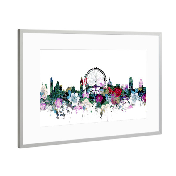 Poster mit Rahmen Silber "London city skyline floral" artboxONE - Städte,Städte / London,Reise,Floral,Architektur
