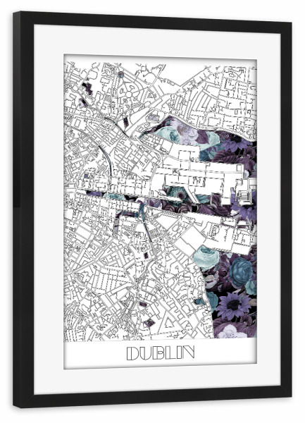 Poster mit Rahmen schwarz "Dublin city map floral" artboxONE - Städte,Typografie,Reise,Schwarzweiß,Kartografie