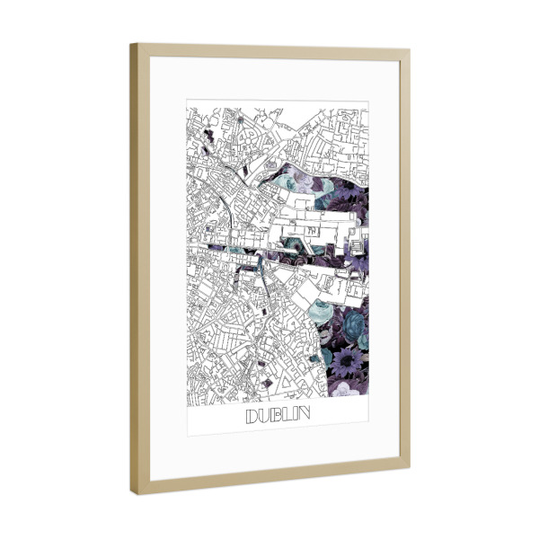 Poster mit Rahmen Gold "Dublin city map floral" artboxONE - Städte,Typografie,Reise,Schwarzweiß,Kartografie