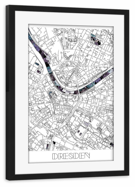 Poster mit Rahmen schwarz "Dresden city map floral" artboxONE - Städte,Typografie,Reise,Schwarzweiß,Städte / Dresden,Kartografie