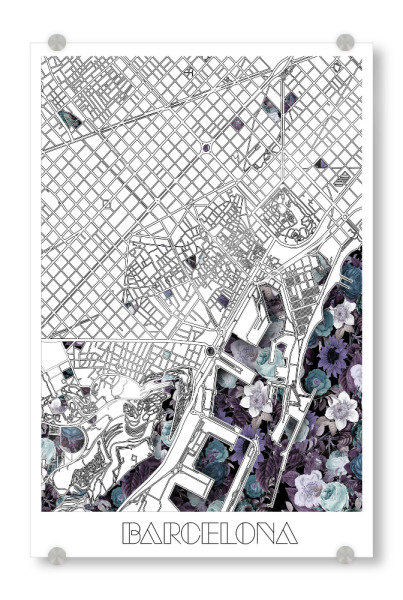 Acrylglasbild "Barcelona city map floral" artboxONE - Städte,Typografie,Reise,Schwarzweiß,Städte / Barcelona,Kartografie