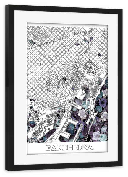 Poster mit Rahmen schwarz "Barcelona city map floral" artboxONE - Städte,Typografie,Reise,Schwarzweiß,Städte / Barcelona,Kartografie