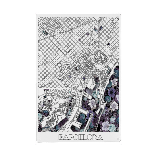 Holzbild "Barcelona city map floral" artboxONE - Städte,Typografie,Reise,Schwarzweiß,Städte / Barcelona,Kartografie