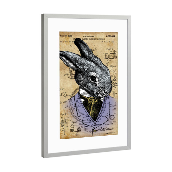 Poster mit Rahmen Silber "Kaninchen in einem Hemd" artboxONE - Tiere - Kaninchen,Tier,Hase,Hemd,Steampunk,Entwurf,Patent