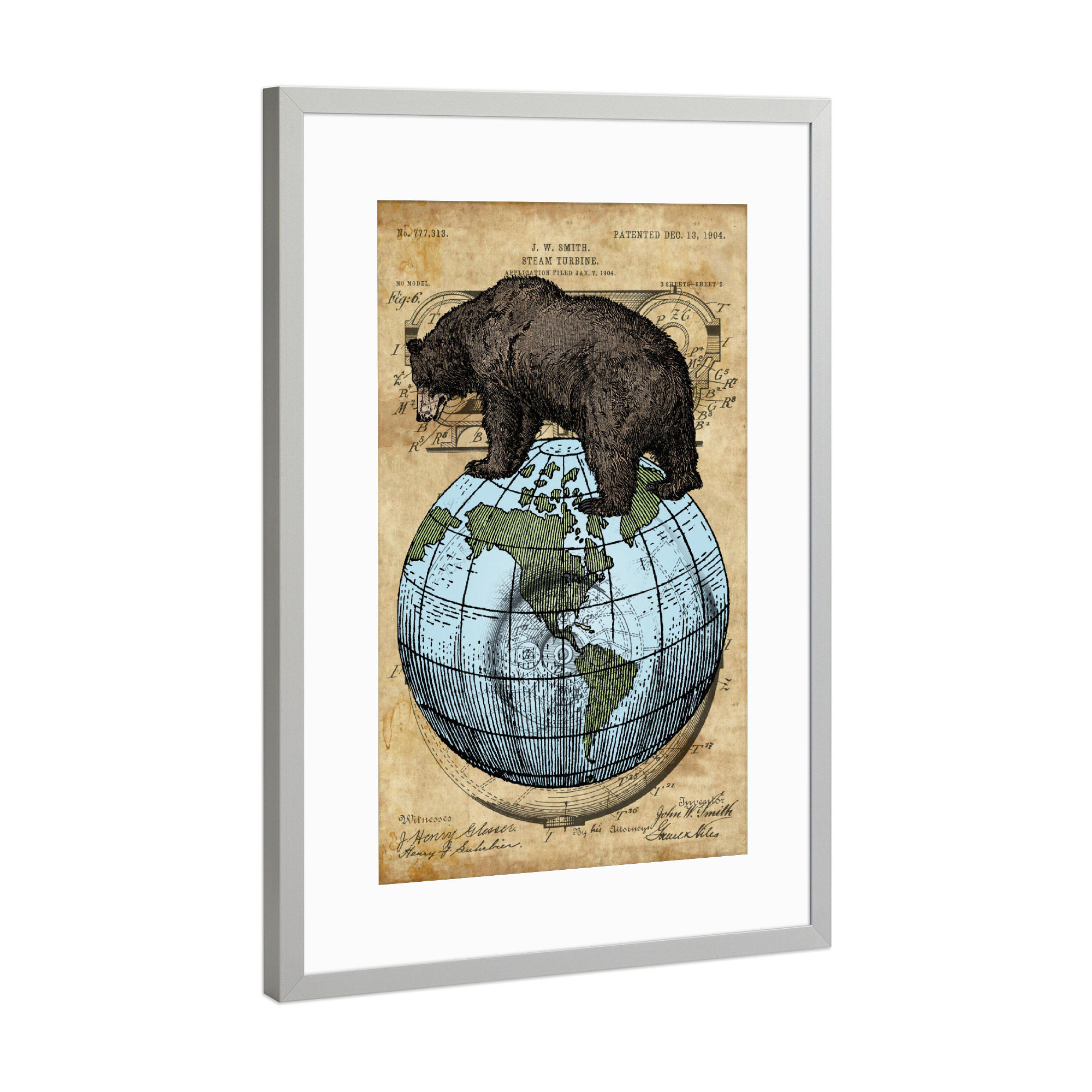 Poster mit Rahmen Silber "World Bär" artboxONE - Tiere - Bär,Tier,Welt,Globus,Karte,Erdkunde,Streampunk,Antik