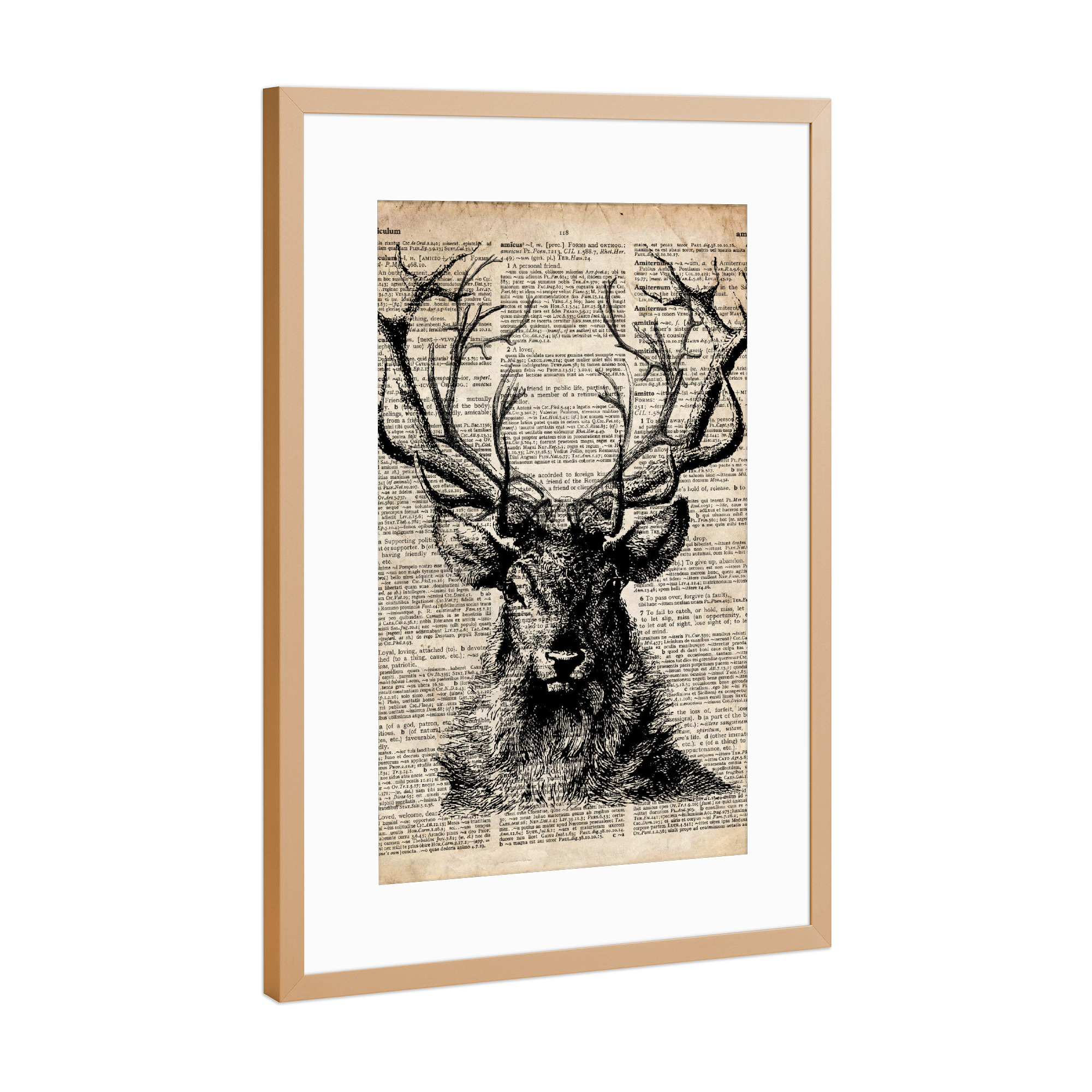 Poster mit Rahmen Kupfer "Hirsch - Wörterbuch" artboxONE - Tiere,Schwarzweiß - Tier,Wörterbuch,Antik,Vintage,Hirsch,Steampunk,Wald,Viktorianisch