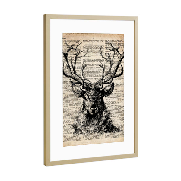 Poster mit Rahmen Gold "Hirsch - Wörterbuch" artboxONE - Tiere,Schwarzweiß - Tier,Wörterbuch,Antik,Vintage,Hirsch,Steampunk,Wald,Viktorianisch