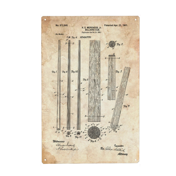 Metall Poster "Billard Queue (Antik)" artboxONE - Sport,Männer - Poolbillard,Pool,Sport,Queue,Patent,Entwurf,Blaupause,Cue,Billard,Billardspiel