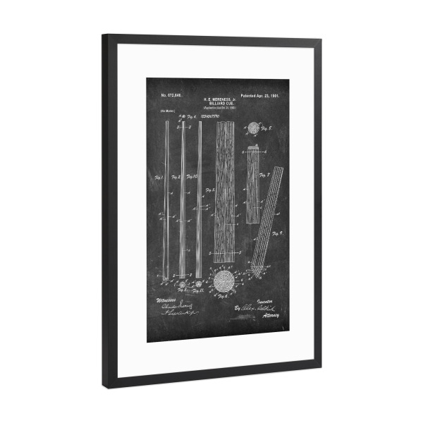 Poster mit Rahmen Schwarz (Metallic) "Billard Queue (Tafel)" artboxONE - Schwarzweiß,Sport,Männer
