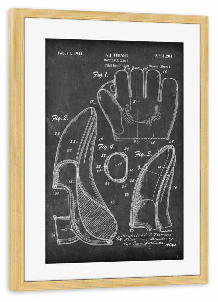 Poster mit Rahmen kiefer "Baseballhandschuh (Tafel)" artboxONE - Schwarzweiß,Sport