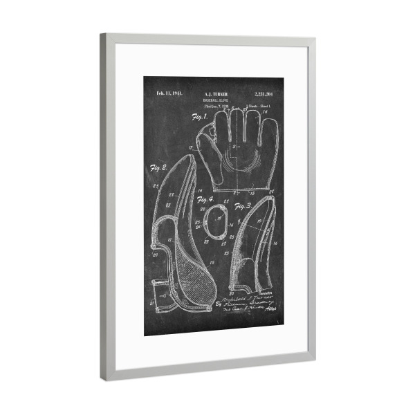 Poster mit Rahmen Silber "Baseballhandschuh (Tafel)" artboxONE - Schwarzweiß,Sport