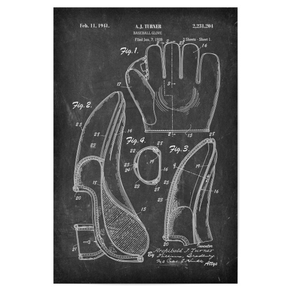 Poster 30x20 cm "Baseballhandschuh (Tafel)" artboxONE - Schwarzweiß,Sport - Sport,Baseball,Vintage,Retro,Patent,Blaupause,Entwurf,Usa,Fitness,America