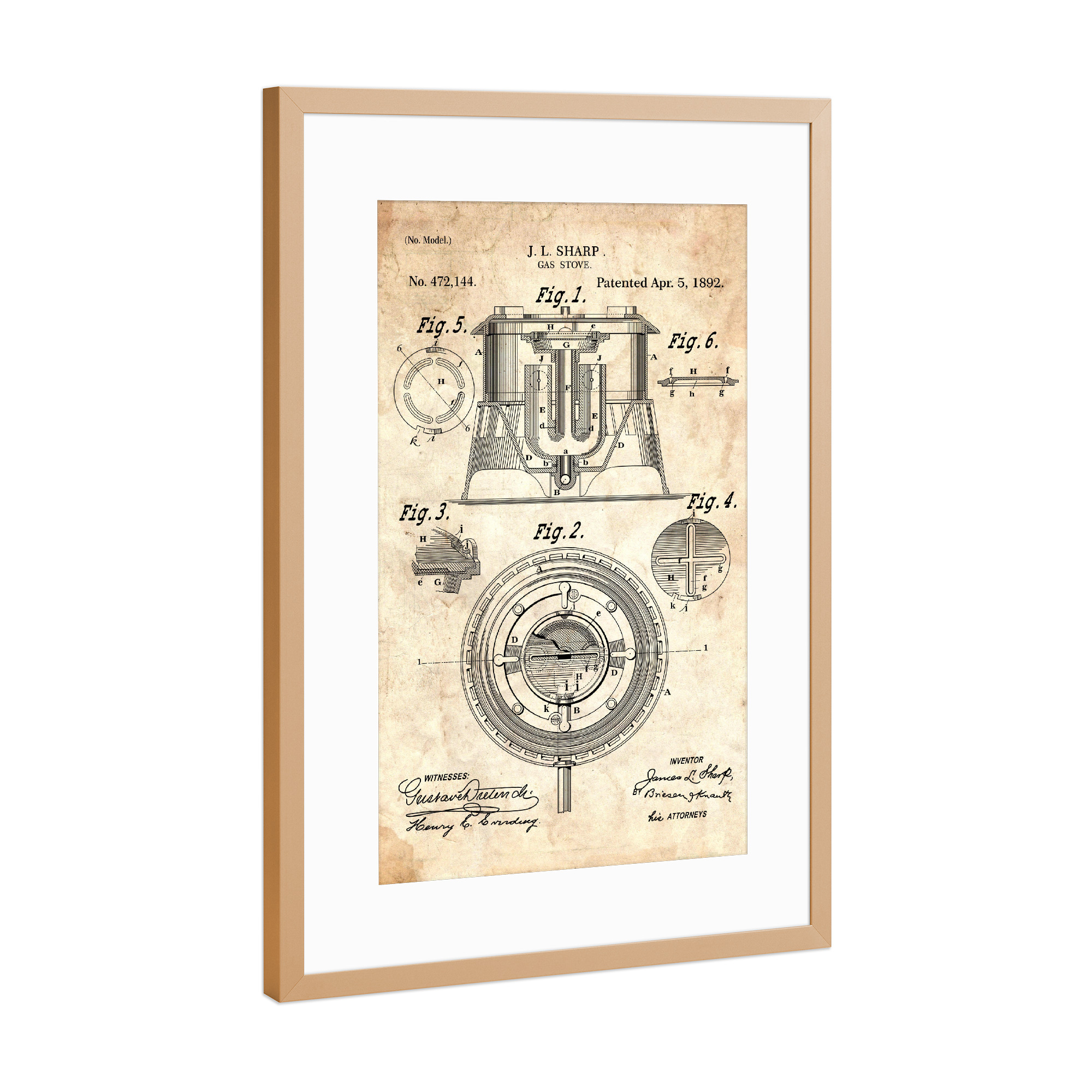 Poster mit Rahmen Kupfer "Gasherd Patent (Antik)" artboxONE - Essen & Trinken - Gasherd,Küche,Kochen,Koch,Vintage,Patent,Entwurf