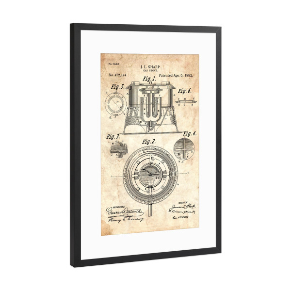 Poster mit Rahmen Schwarz (Metallic) "Gasherd Patent (Antik)" artboxONE - Essen & Trinken - Gasherd,Küche,Kochen,Koch,Vintage,Patent,Entwurf