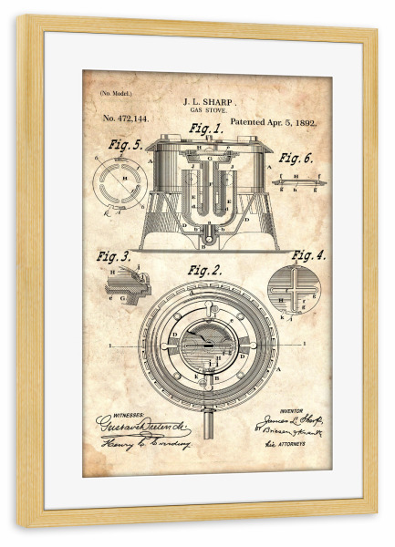 Poster mit Rahmen kiefer "Gasherd Patent (Antik)" artboxONE - Essen & Trinken - Gasherd,Küche,Kochen,Koch,Vintage,Patent,Entwurf