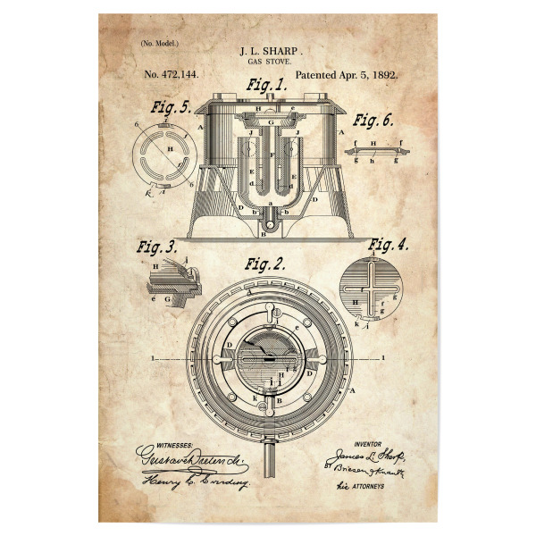 Poster "Gasherd Patent (Antik)" artboxONE - Essen & Trinken - Gasherd,Küche,Kochen,Koch,Vintage,Patent,Entwurf